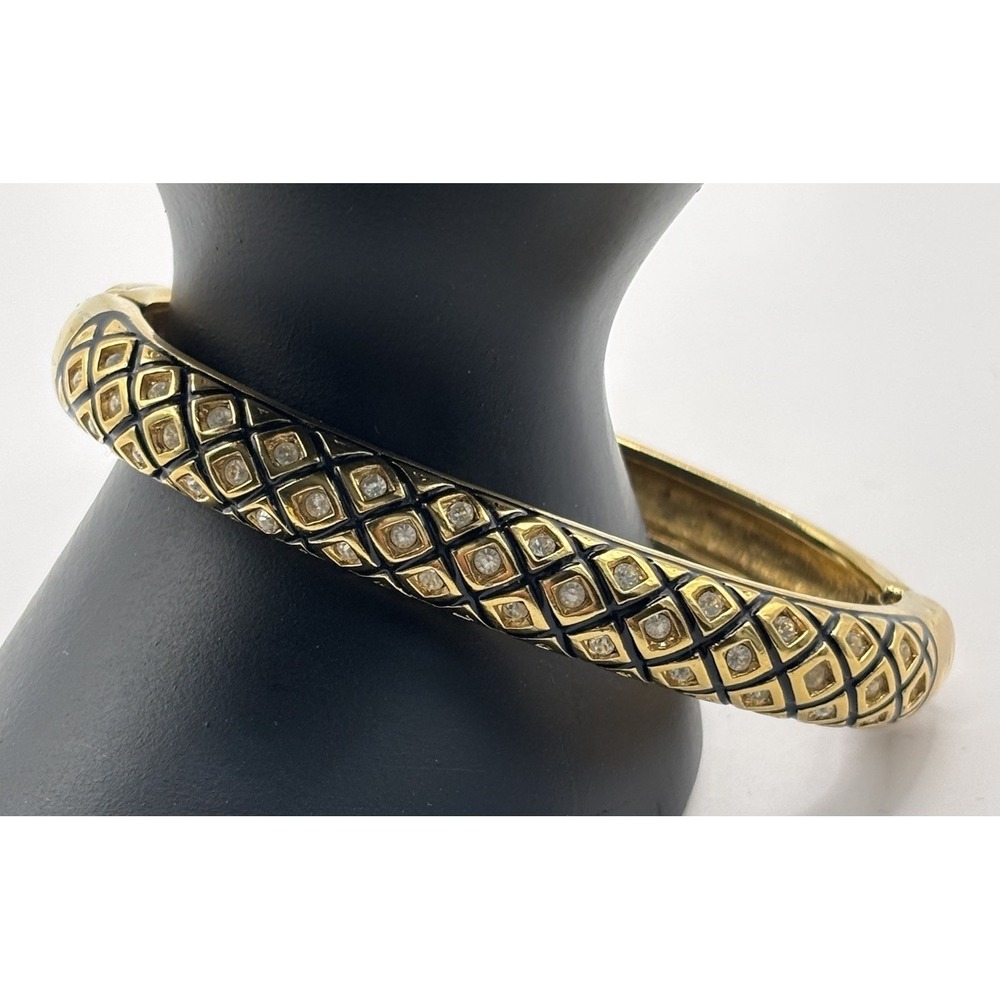 Vintage Swarovski Crystal Black Enamel Gold Tone Hinged Bangle Bracelet Signed